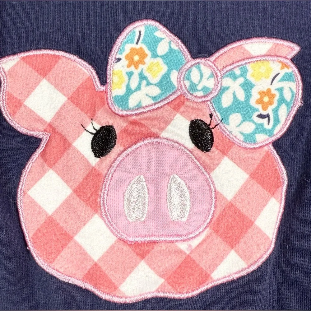 PIGGY FRIENDS Girls Pig Applique Ruffle Dress L 5/6 Gingham Farm‎ Cowgirl 4-H